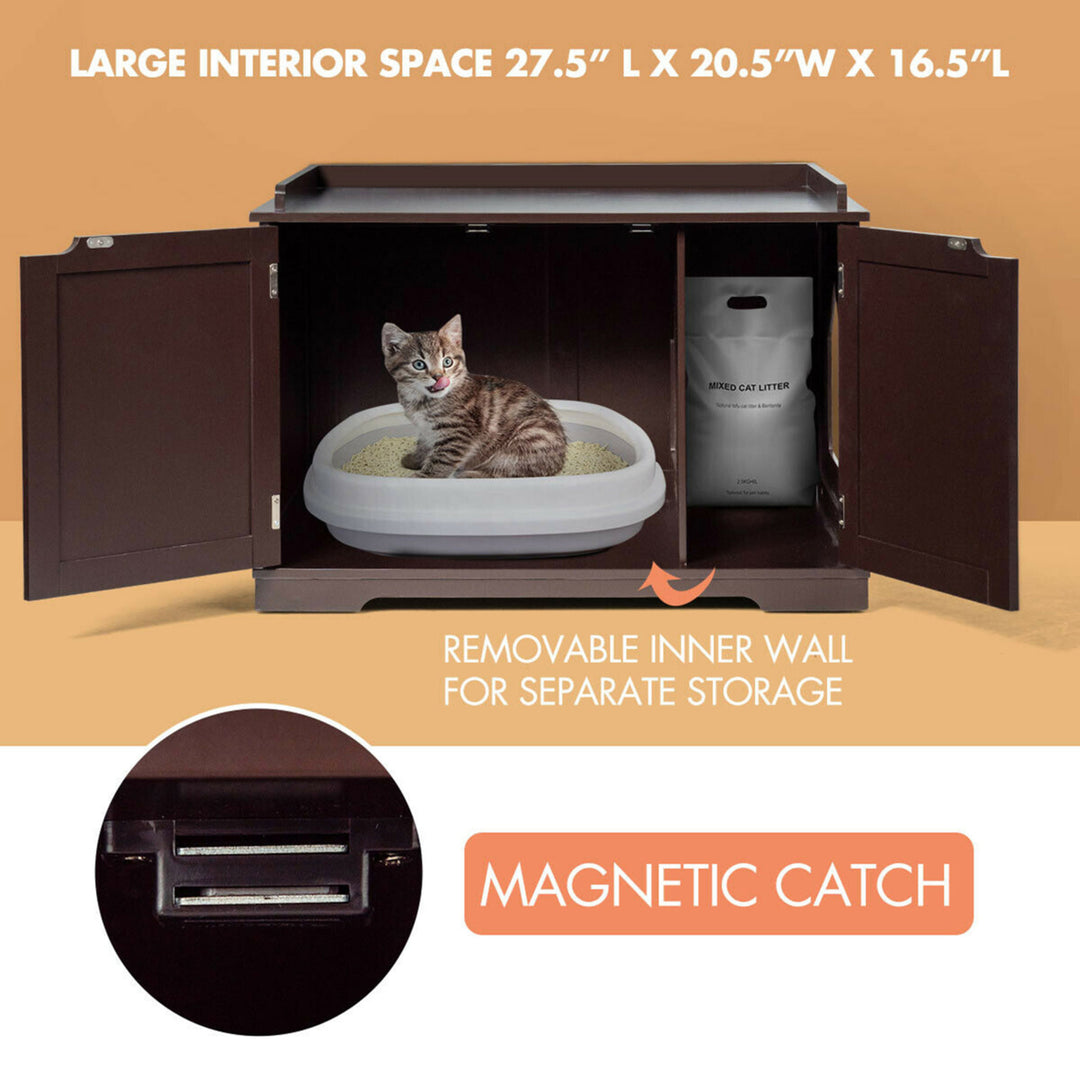 Cat Litter Box Wooden Enclosure Pet House Sidetable Washroom Storage Bench Brown Image 9