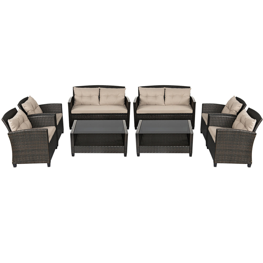 8pcs Patio Rattan Conversation Set Cushioned Outdoor Furniture Set Image 1