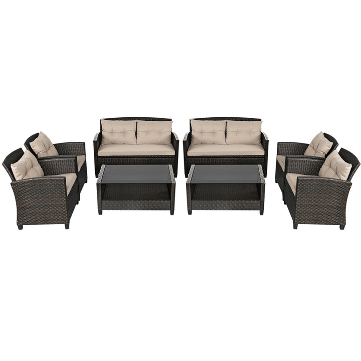 8pcs Patio Rattan Conversation Set Cushioned Outdoor Furniture Set Image 1