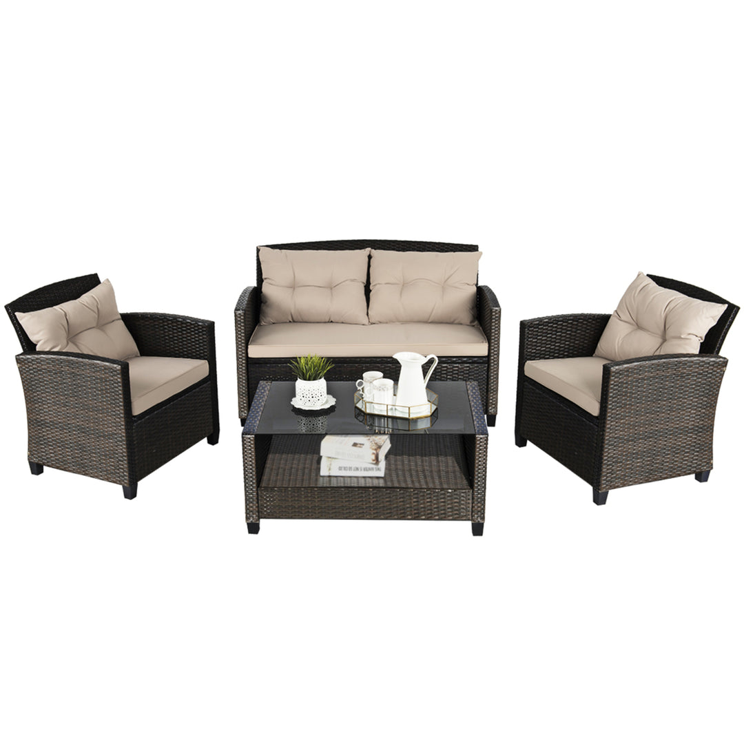 4pcs Patio Rattan Conversation Set Cushioned Outdoor Furniture Set Image 7