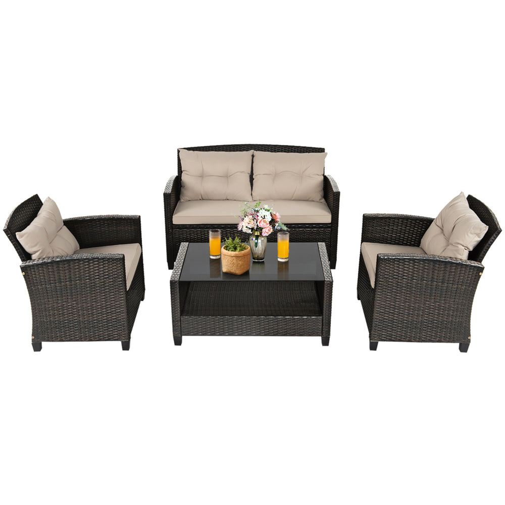 4pcs Patio Rattan Conversation Set Cushioned Outdoor Furniture Set Image 2