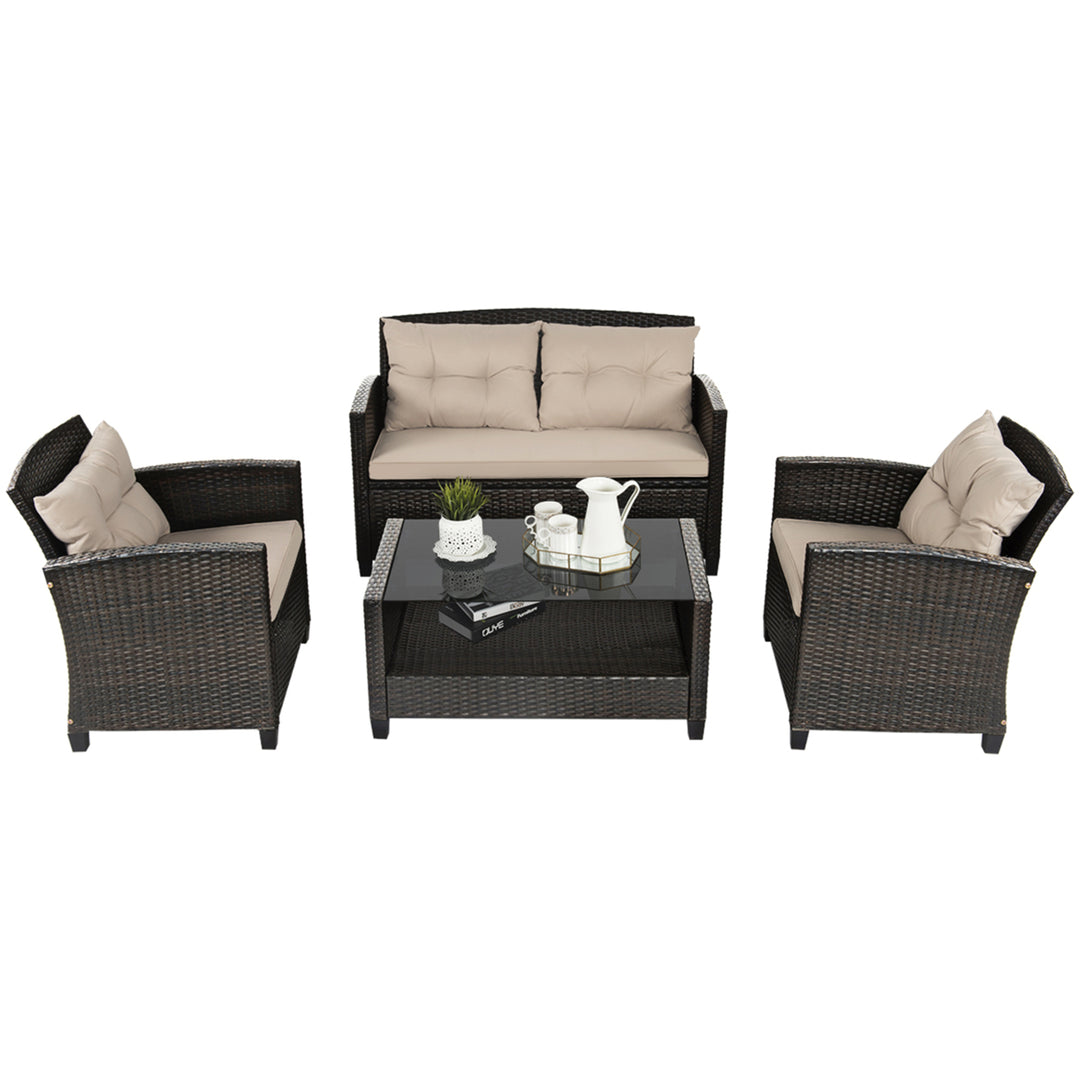 4pcs Patio Rattan Conversation Set Cushioned Outdoor Furniture Set Image 5