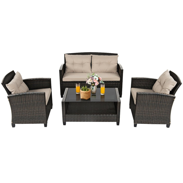 8pcs Patio Rattan Conversation Set Cushioned Outdoor Furniture Set Image 5