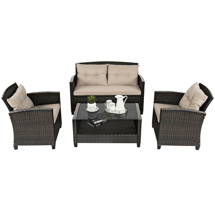 8pcs Patio Rattan Conversation Set Cushioned Outdoor Furniture Set Image 6