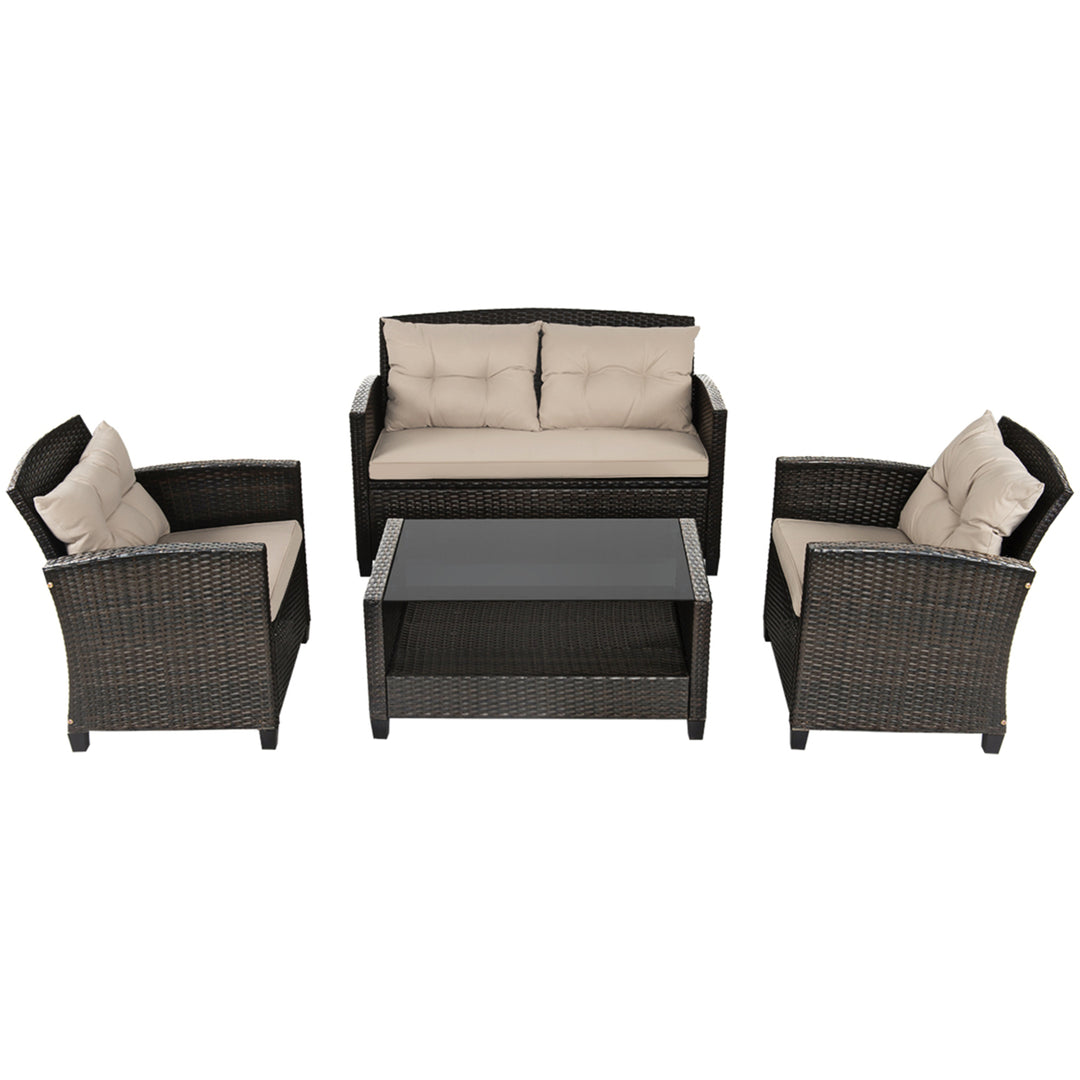 4pcs Patio Rattan Conversation Set Cushioned Outdoor Furniture Set Image 6