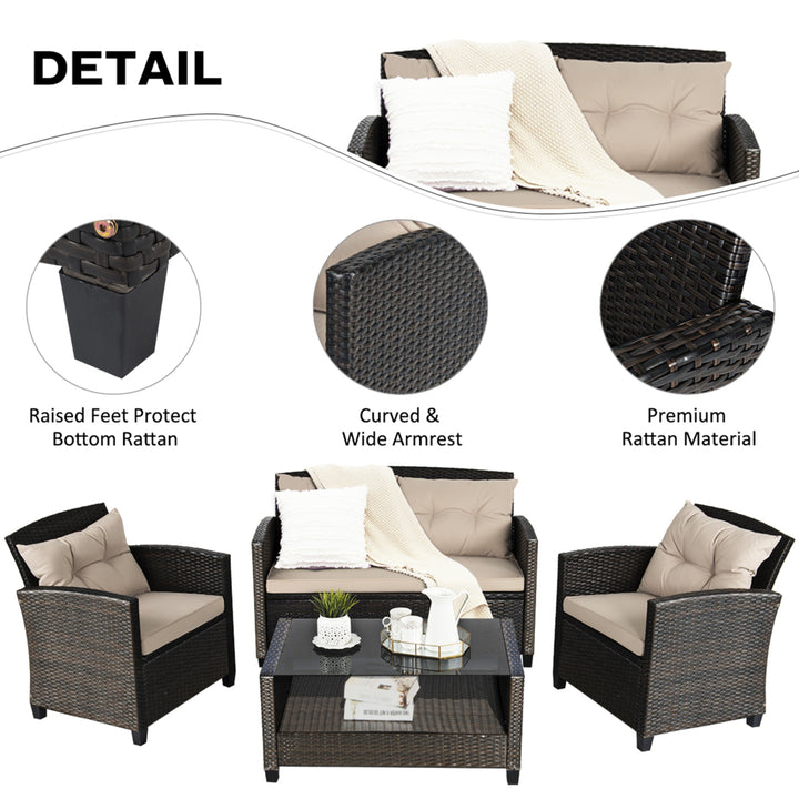 4pcs Patio Rattan Conversation Set Cushioned Outdoor Furniture Set Image 10