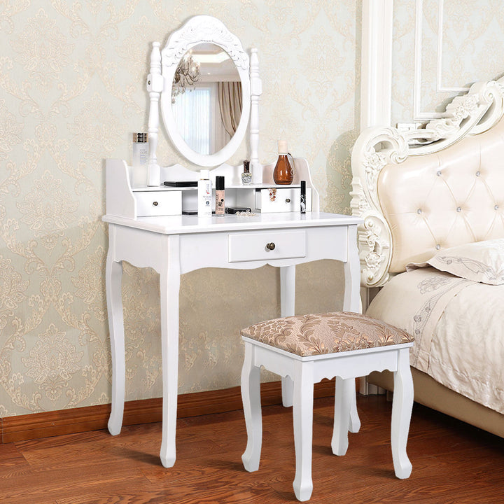 3 Drawers Vanity Set Dressing Table w/ Tri-Folding Mirror White Image 1