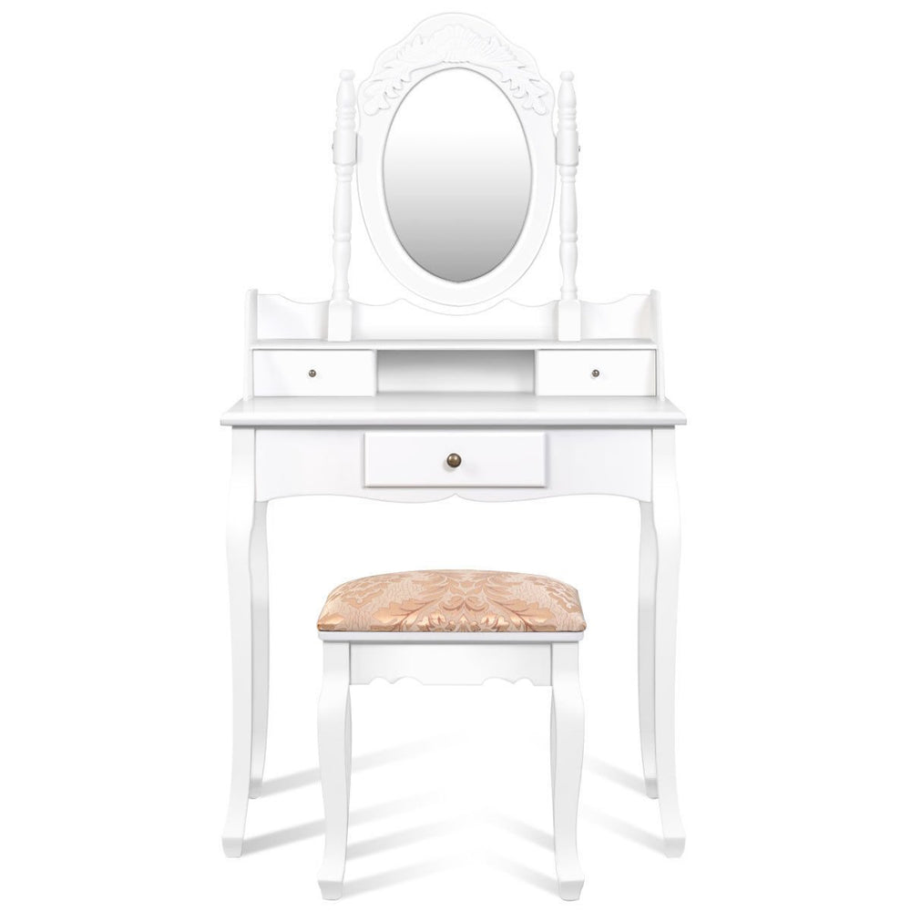 3 Drawers Vanity Set Dressing Table w/ Tri-Folding Mirror White Image 2