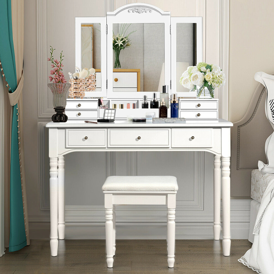 7 Drawers Vanity Set Dressing Table w/ Tri-Folding Mirror White Image 1