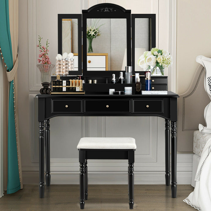 7 Drawers Vanity Set Dressing Table w/ Tri-Folding Mirror Black Image 1