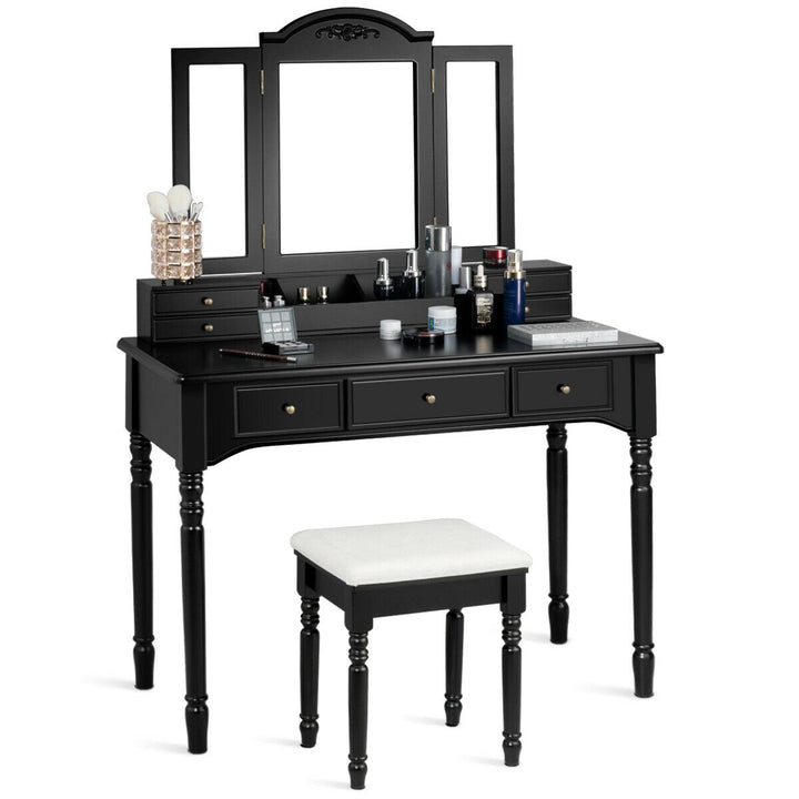 7 Drawers Vanity Set Dressing Table w/ Tri-Folding Mirror Black Image 2