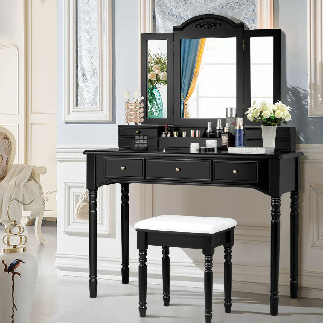 7 Drawers Vanity Set Dressing Table w/ Tri-Folding Mirror Black Image 3