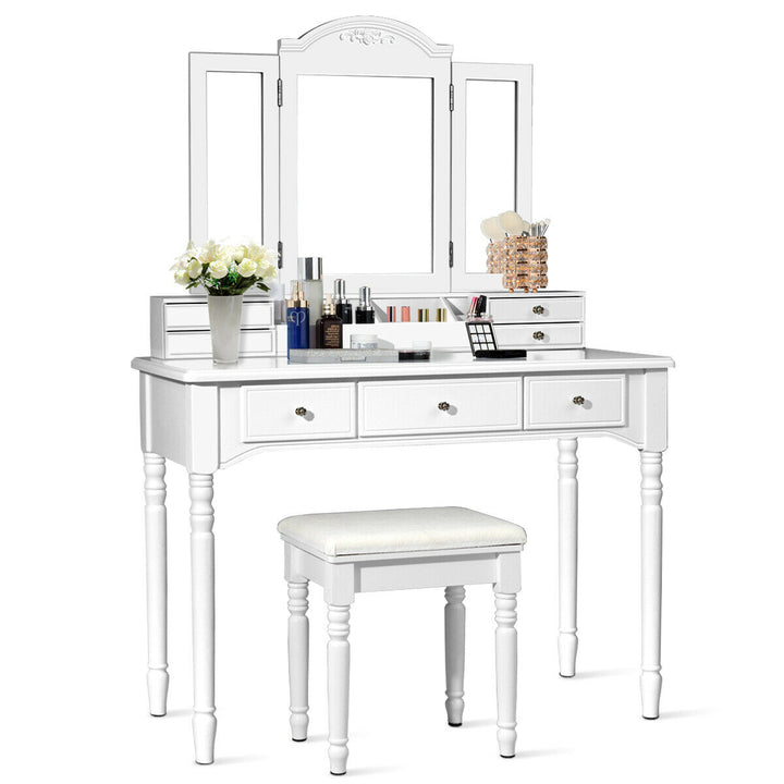 7 Drawers Vanity Set Dressing Table w/ Tri-Folding Mirror White Image 2