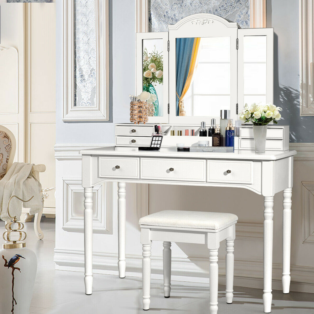 7 Drawers Vanity Set Dressing Table w/ Tri-Folding Mirror White Image 3