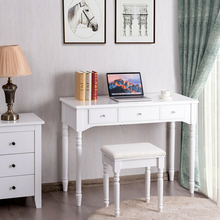 7 Drawers Vanity Set Dressing Table w/ Tri-Folding Mirror White Image 4