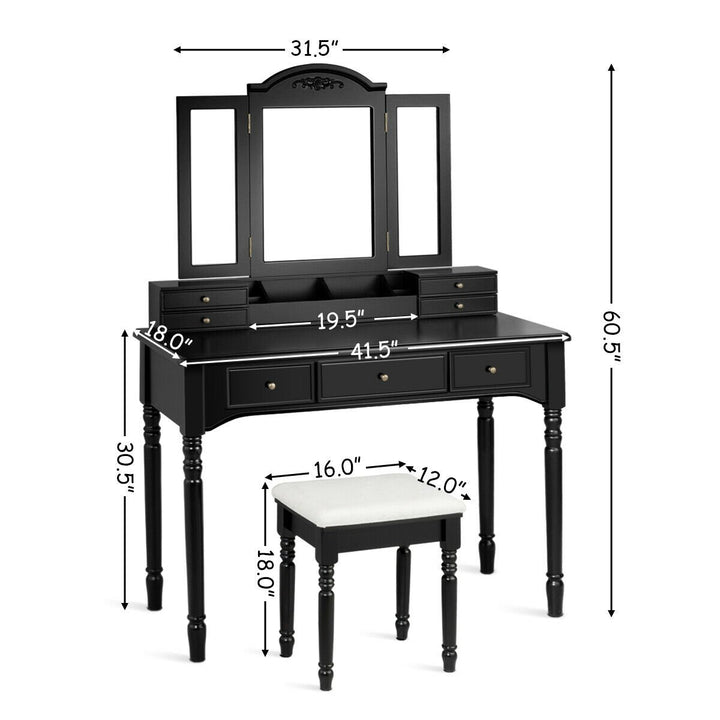 7 Drawers Vanity Set Dressing Table w/ Tri-Folding Mirror Black Image 4