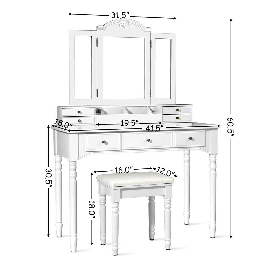 7 Drawers Vanity Set Dressing Table w/ Tri-Folding Mirror White Image 5