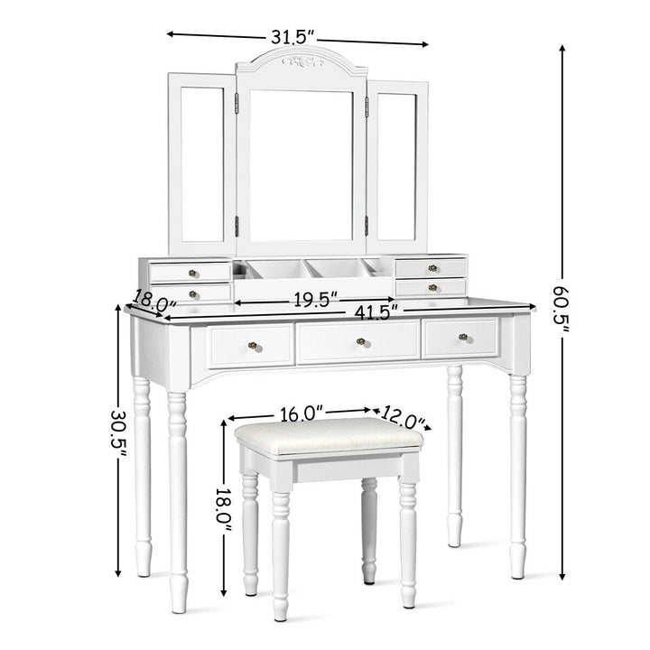 7 Drawers Vanity Set Dressing Table w/ Tri-Folding Mirror White Image 5