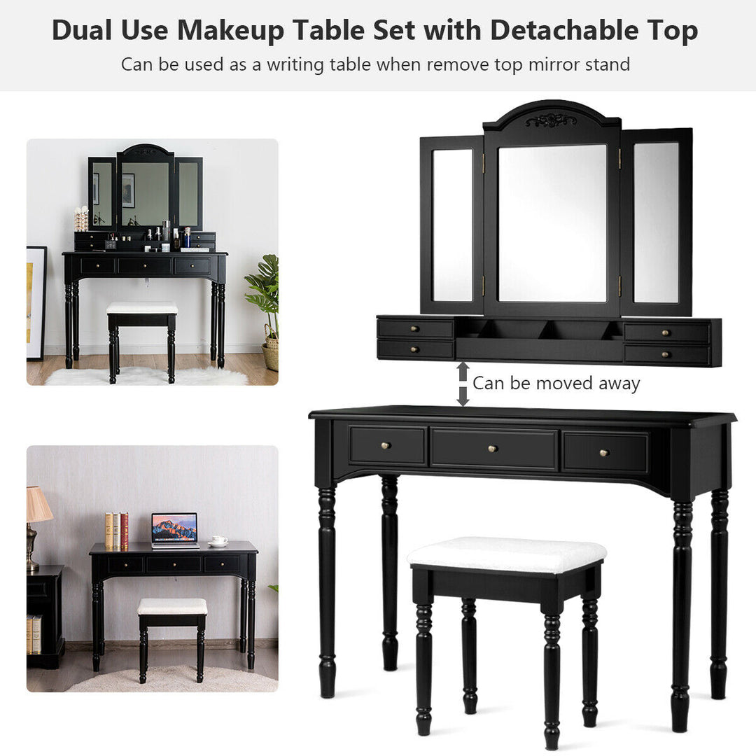 7 Drawers Vanity Set Dressing Table w/ Tri-Folding Mirror Black Image 8