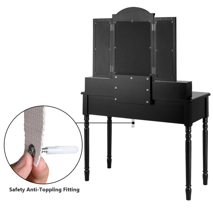 7 Drawers Vanity Set Dressing Table w/ Tri-Folding Mirror Black Image 9