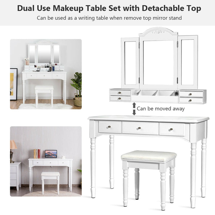 7 Drawers Vanity Set Dressing Table w/ Tri-Folding Mirror White Image 8