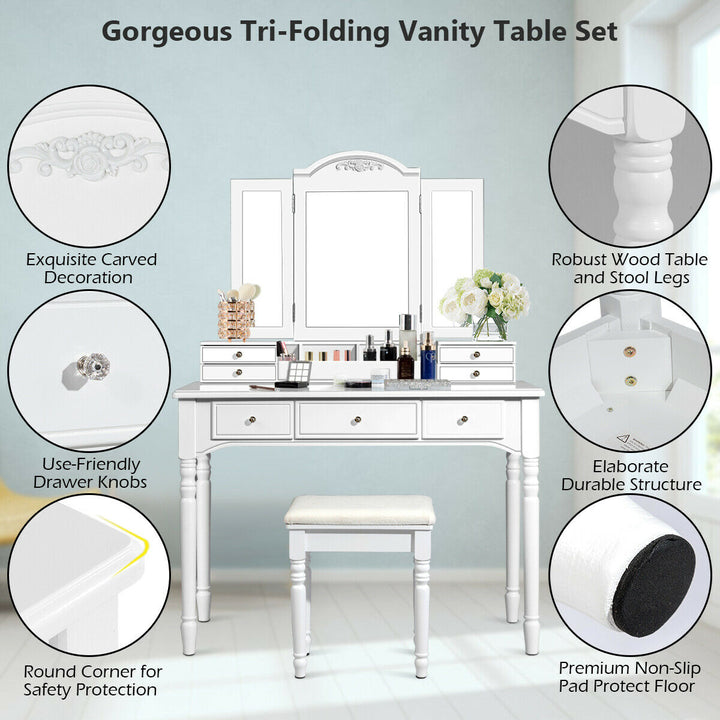 7 Drawers Vanity Set Dressing Table w/ Tri-Folding Mirror White Image 10