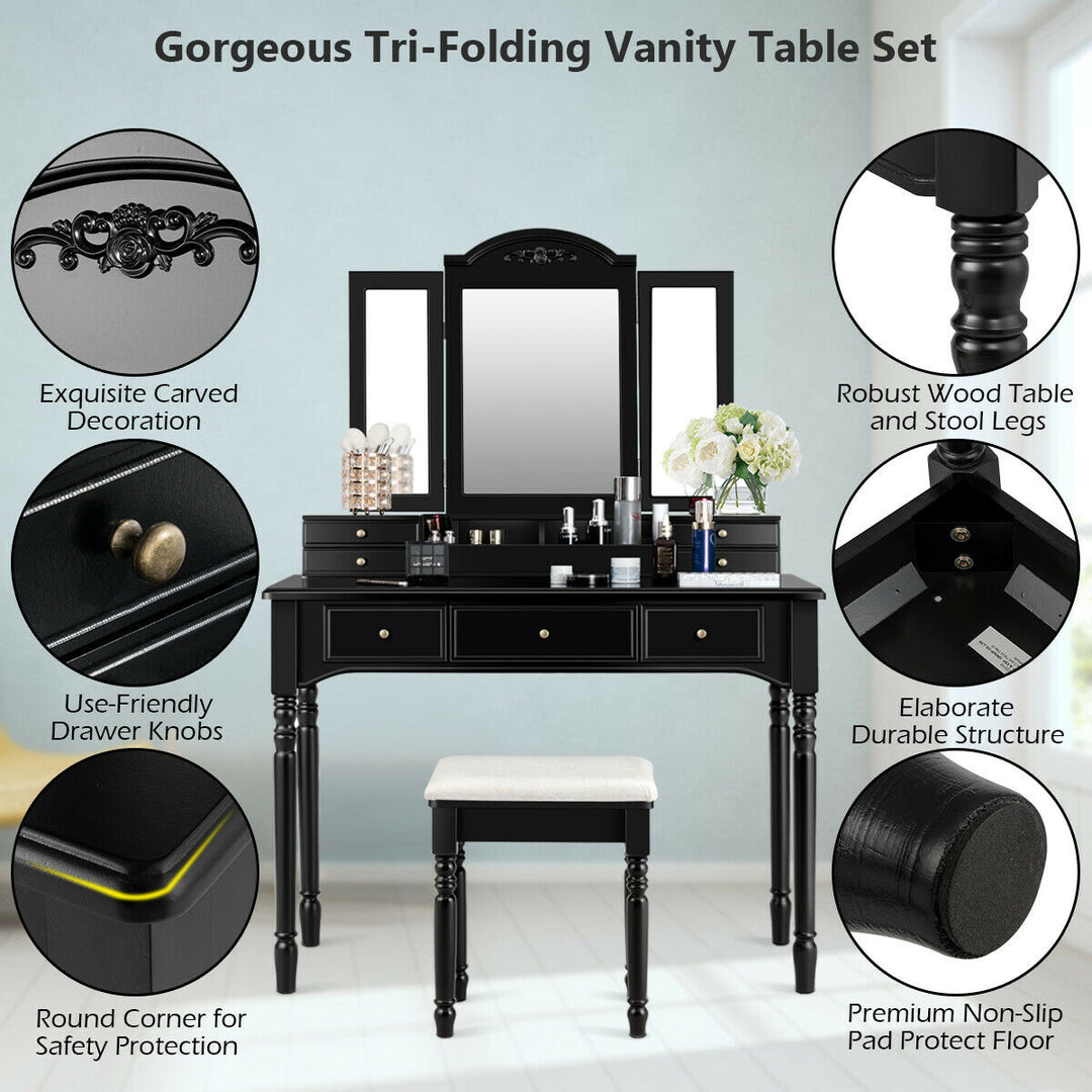 7 Drawers Vanity Set Dressing Table w/ Tri-Folding Mirror Black Image 10