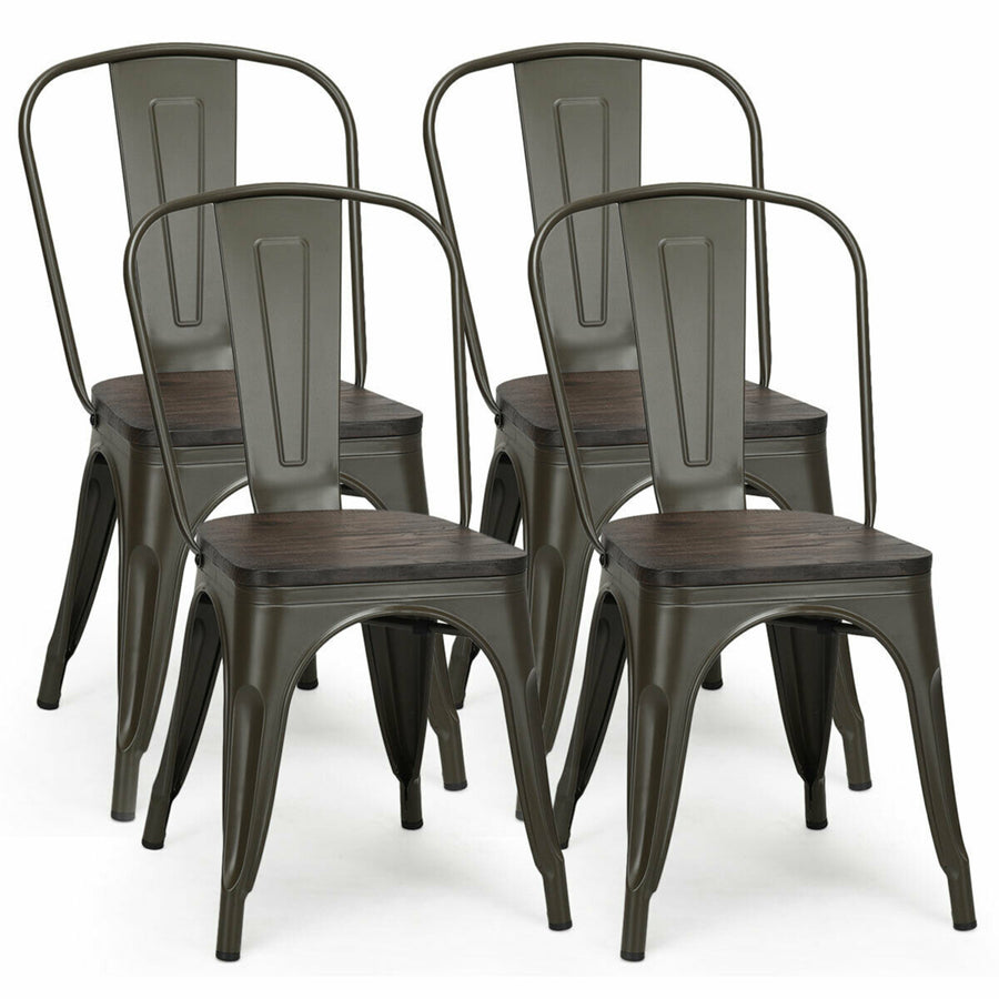 Set of 4 Metal Dining Side Chair Wood Seat Stackable Bistro Cafe Gun Image 1