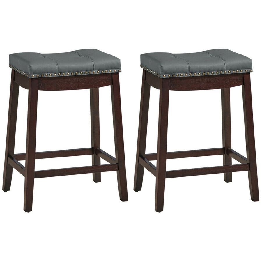 Set of 2 Nailhead Saddle Bar Stools 24 Counter Stools Brown with Grey Cushion Image 1