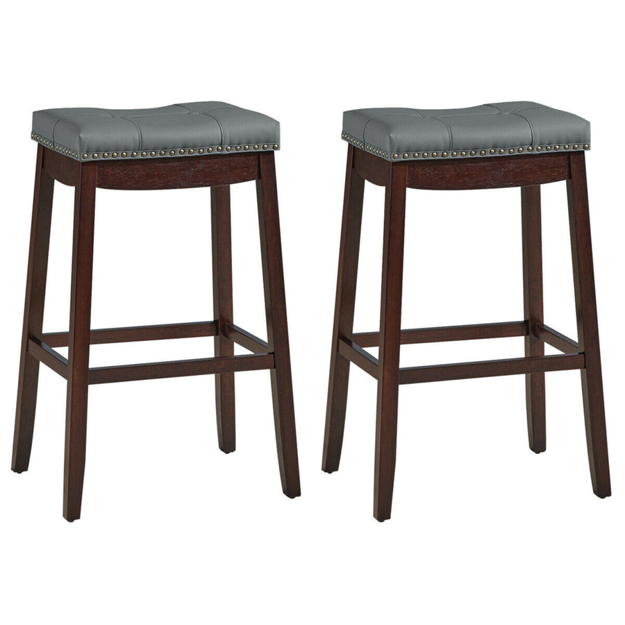 Set of 2 Nailhead Saddle Bar Stools 29 Pub Chairs with Rubber Wood Legs Brown Image 1