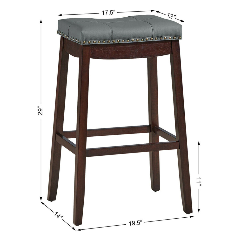 Set of 2 Nailhead Saddle Bar Stools 29 Pub Chairs with Rubber Wood Legs Brown Image 2