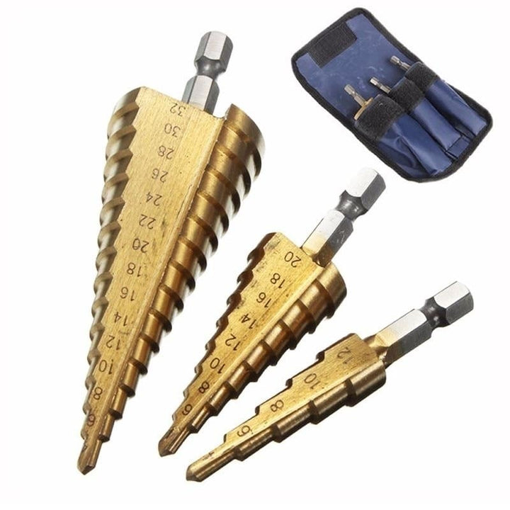 3pc Hss Taper Metric 4 - 12 , 20 32mm 1 Step Drill Bit Set Cone Hole Cutter Coated Metal Hex Core Bits Image 1