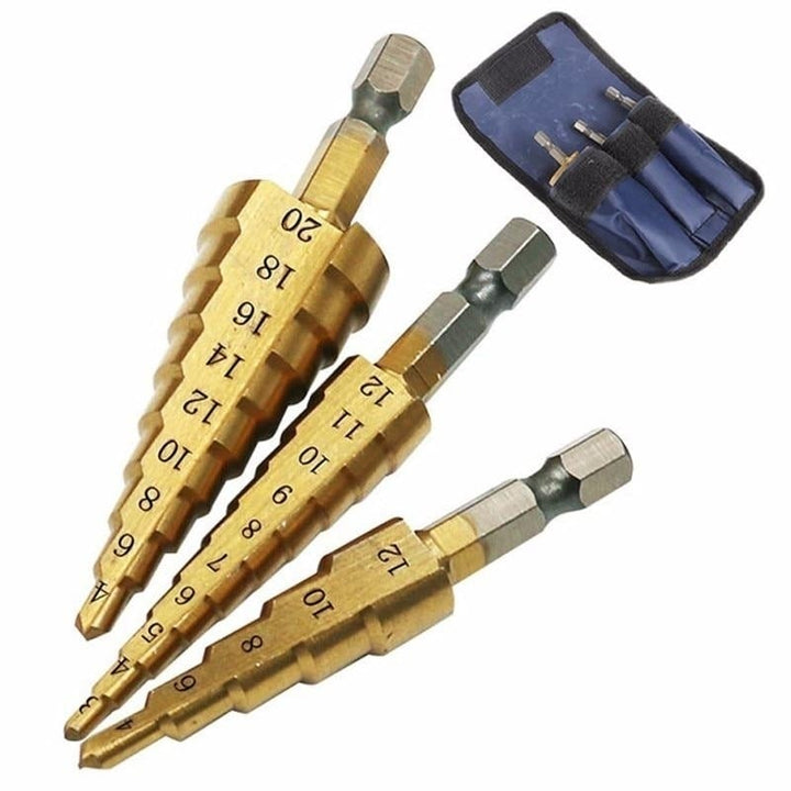 3pc Hss Taper Metric 4 - 12 , 20 32mm 1 Step Drill Bit Set Cone Hole Cutter Coated Metal Hex Core Bits Image 1