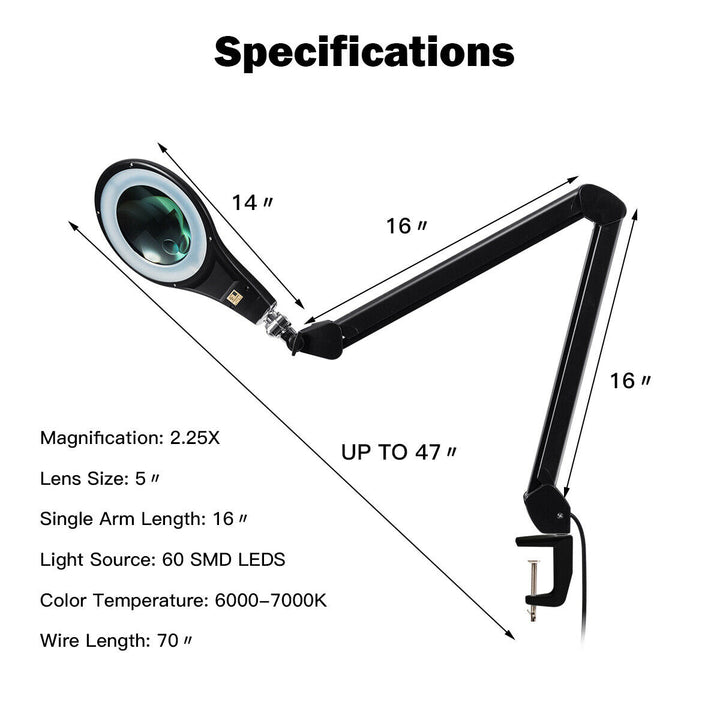 LED Magnifying Glass Desk Lamp w/ Swivel Arm and Clamp 2.25x Magnification Black Image 2