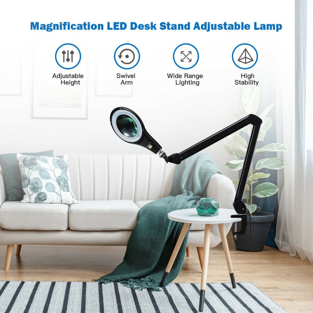 LED Magnifying Glass Desk Lamp w/ Swivel Arm and Clamp 2.25x Magnification Black Image 4