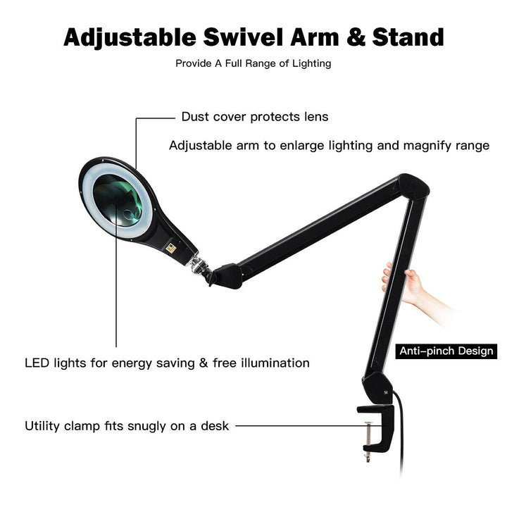 LED Magnifying Glass Desk Lamp w/ Swivel Arm and Clamp 2.25x Magnification Black Image 7