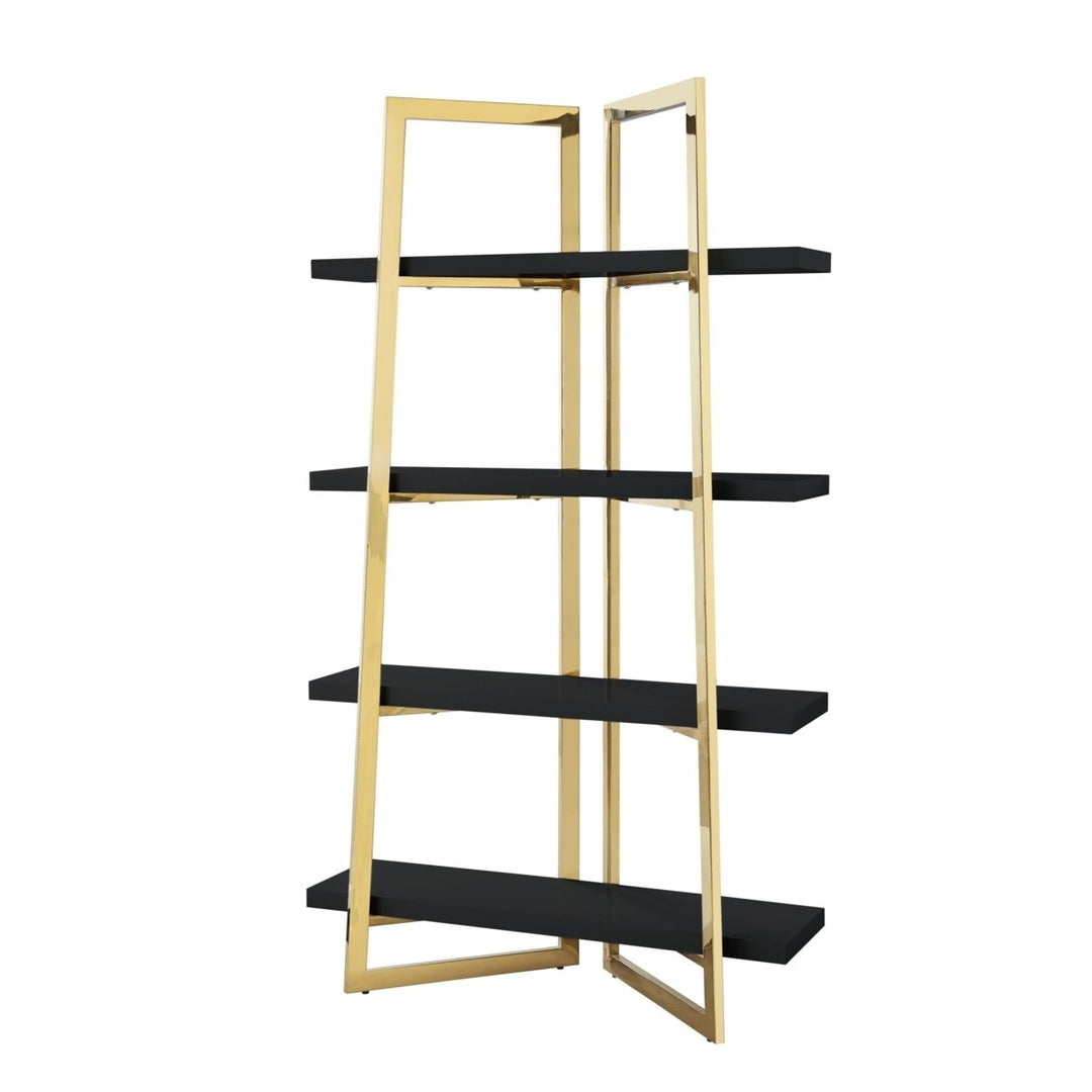 Kanoa Etagere Bookshelf-Bookcase-4 Shelves-High Gloss Lacquer Finish-Polished Stainless Steel Frame Image 6