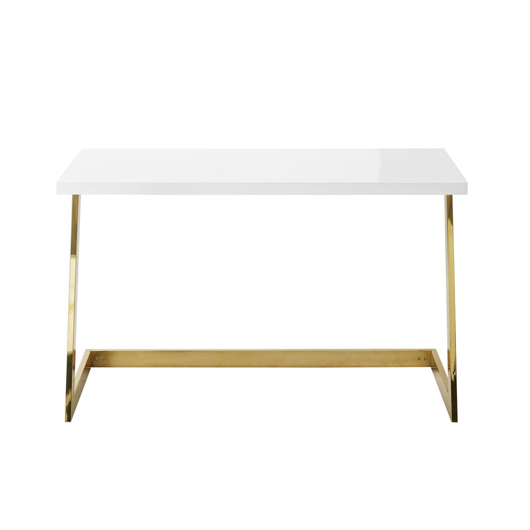 Kanoa High Writing Desk-Gloss Lacquer Finish-Polished Stainless Steel Base-Geometric Legs Image 5