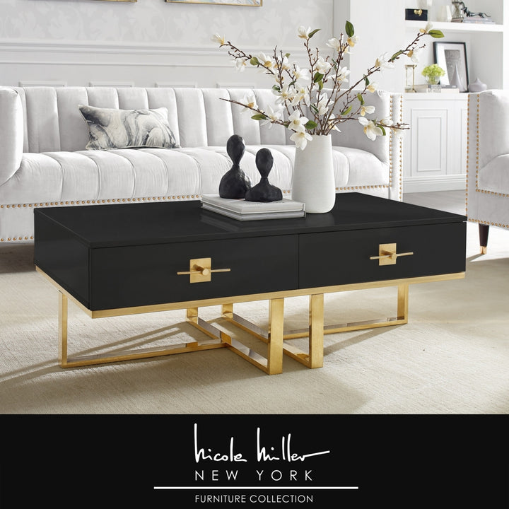 Nicole Miller Moana Coffee Table High Gloss Lacquer Polished Stainless Steel 2 Drawers 47in Image 1