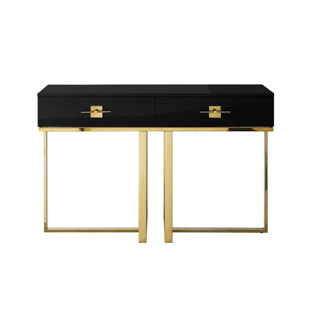 Moana Console Table-2 Drawers-Hight Gloss Lacquer Finish-Polished Stainless Steel Base Image 3