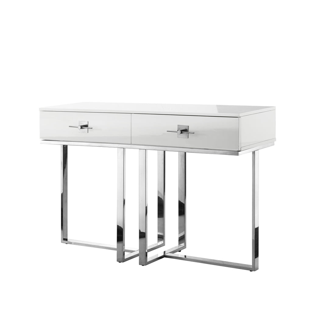 Moana Console Table-2 Drawers-Hight Gloss Lacquer Finish-Polished Stainless Steel Base Image 7