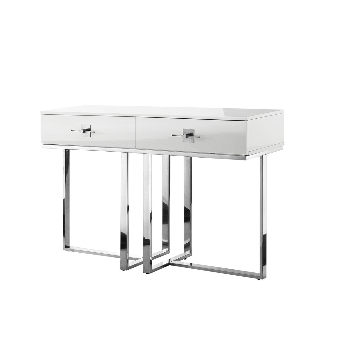 Moana Console Table-2 Drawers-Hight Gloss Lacquer Finish-Polished Stainless Steel Base Image 1