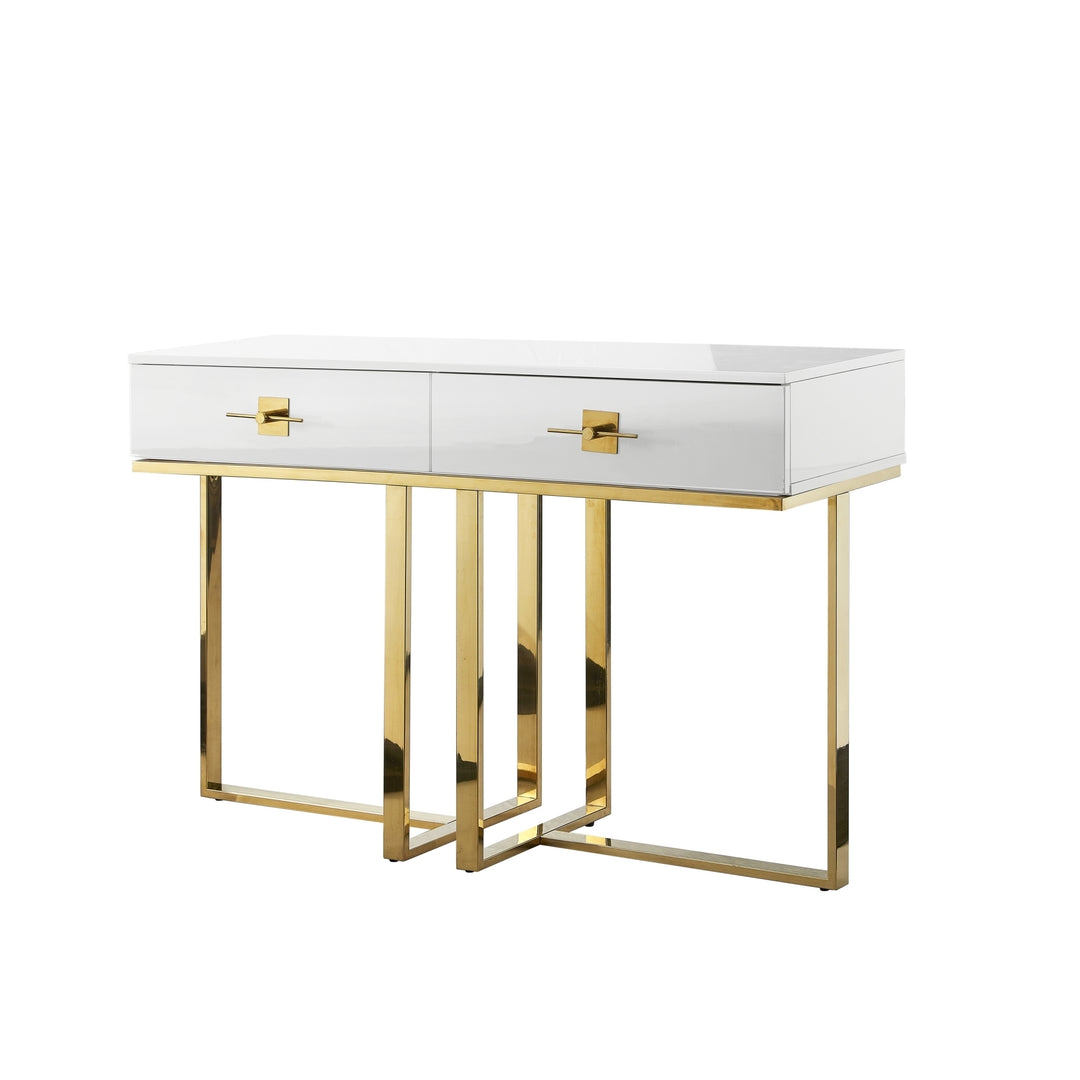 Moana Console Table-2 Drawers-Hight Gloss Lacquer Finish-Polished Stainless Steel Base Image 8