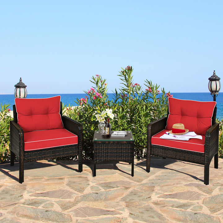 3PCS Patio Outdoor Rattan Furniture Set w/ Coffee Table Red Cushion Image 1