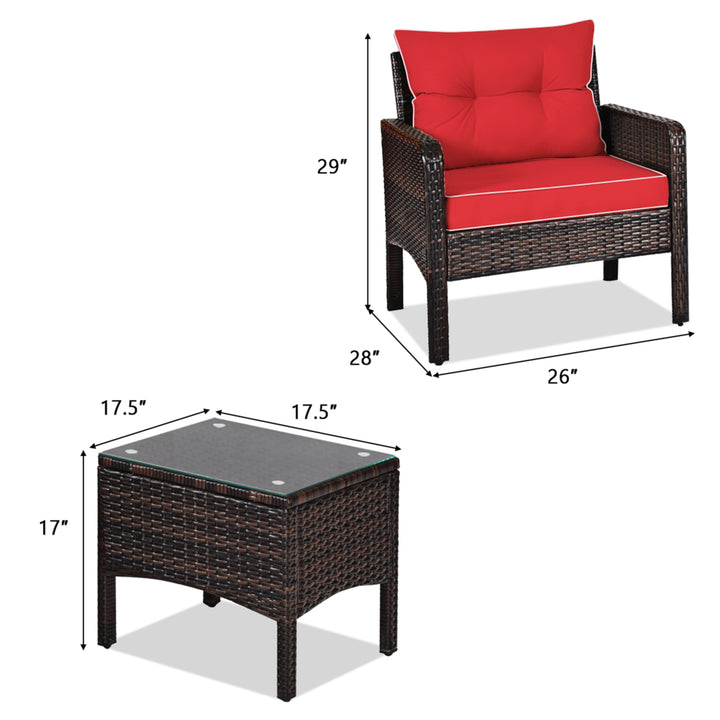 3PCS Patio Outdoor Rattan Furniture Set w/ Coffee Table Red Cushion Image 3