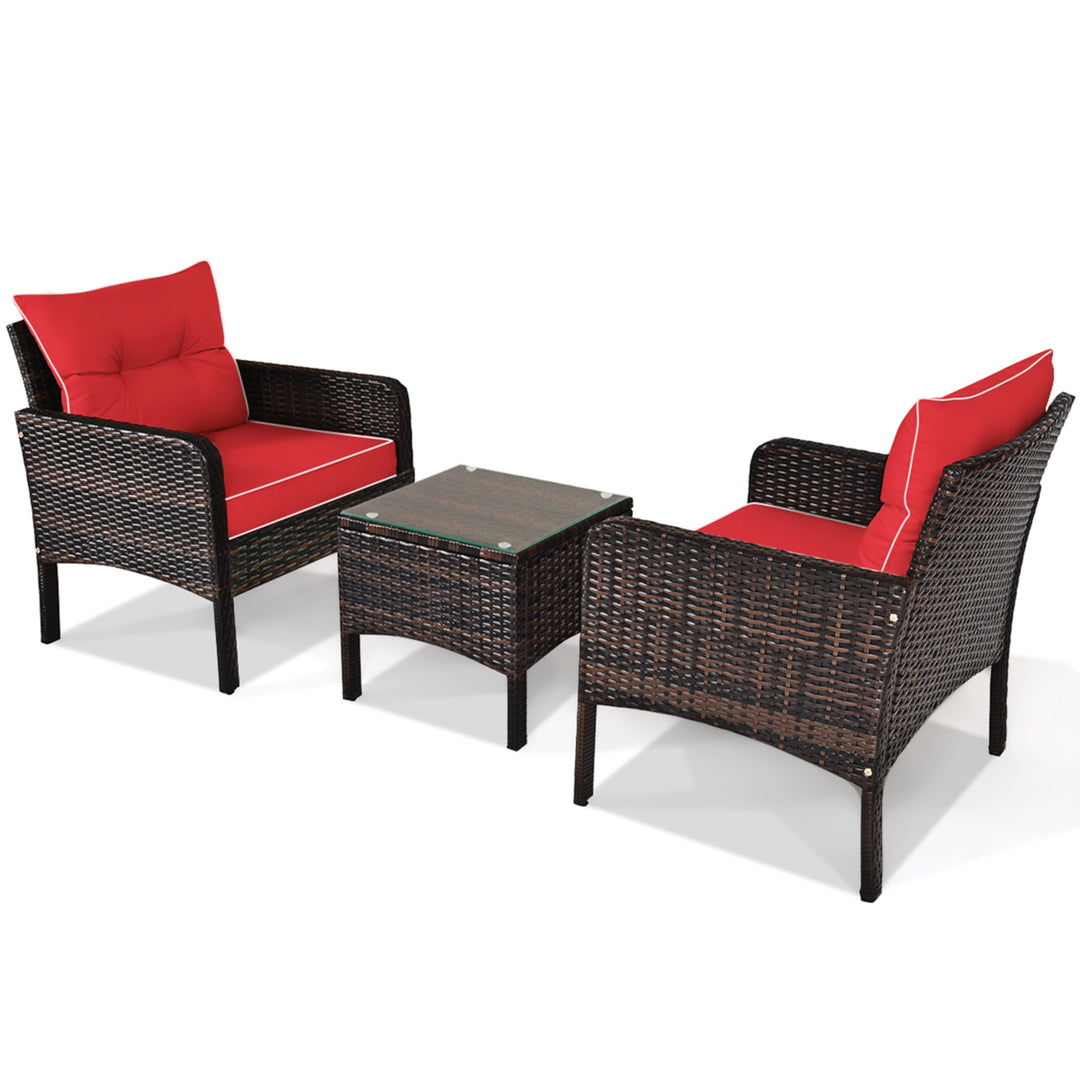 3PCS Patio Outdoor Rattan Furniture Set w/ Coffee Table Red Cushion Image 4