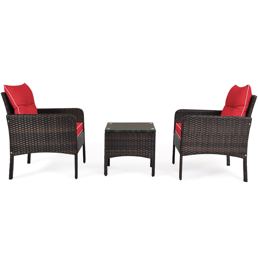 3PCS Patio Outdoor Rattan Furniture Set w/ Coffee Table Red Cushion Image 5