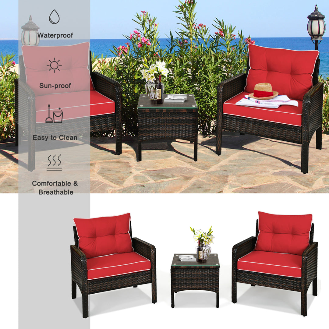 3PCS Patio Outdoor Rattan Furniture Set w/ Coffee Table Red Cushion Image 6