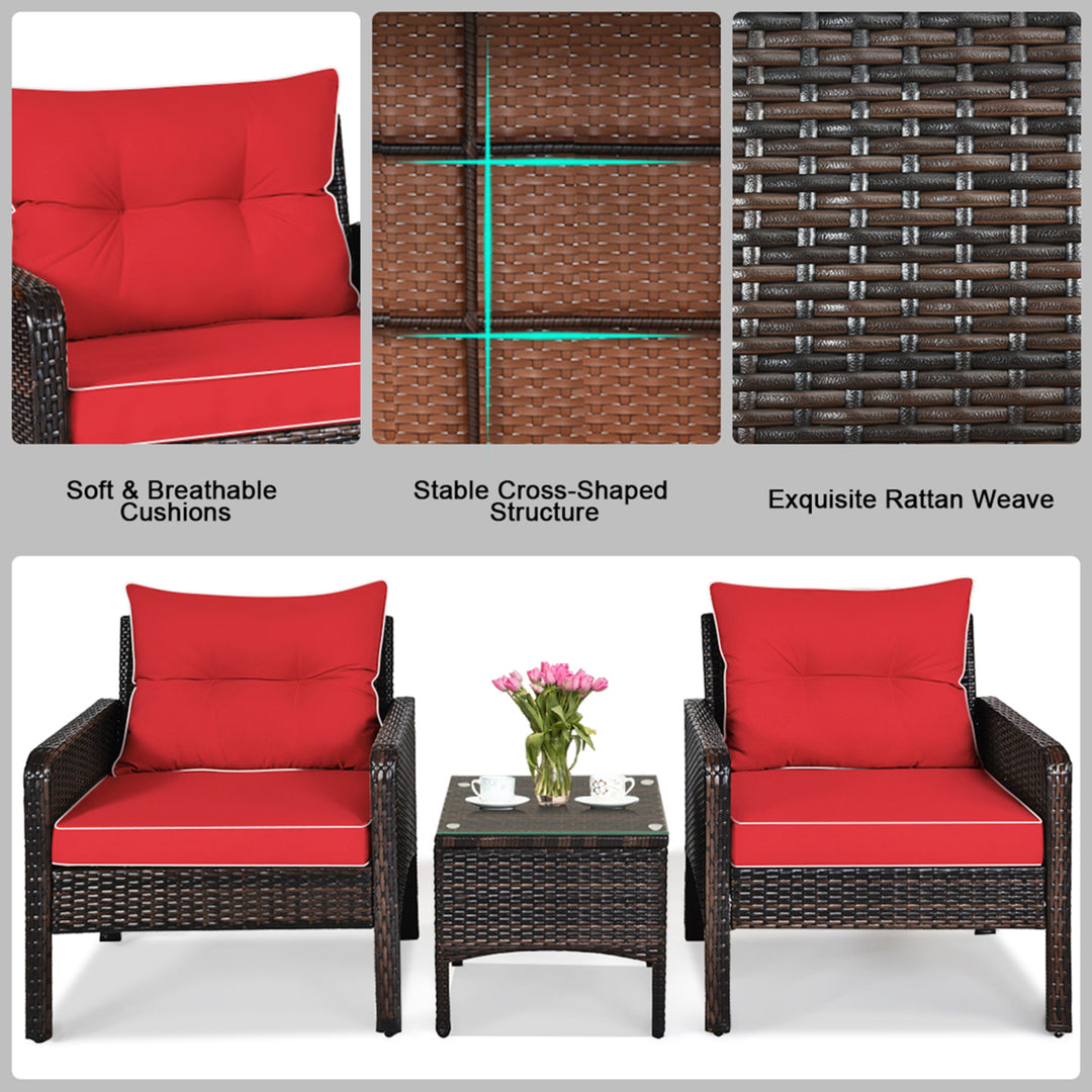 3PCS Patio Outdoor Rattan Furniture Set w/ Coffee Table Red Cushion Image 8