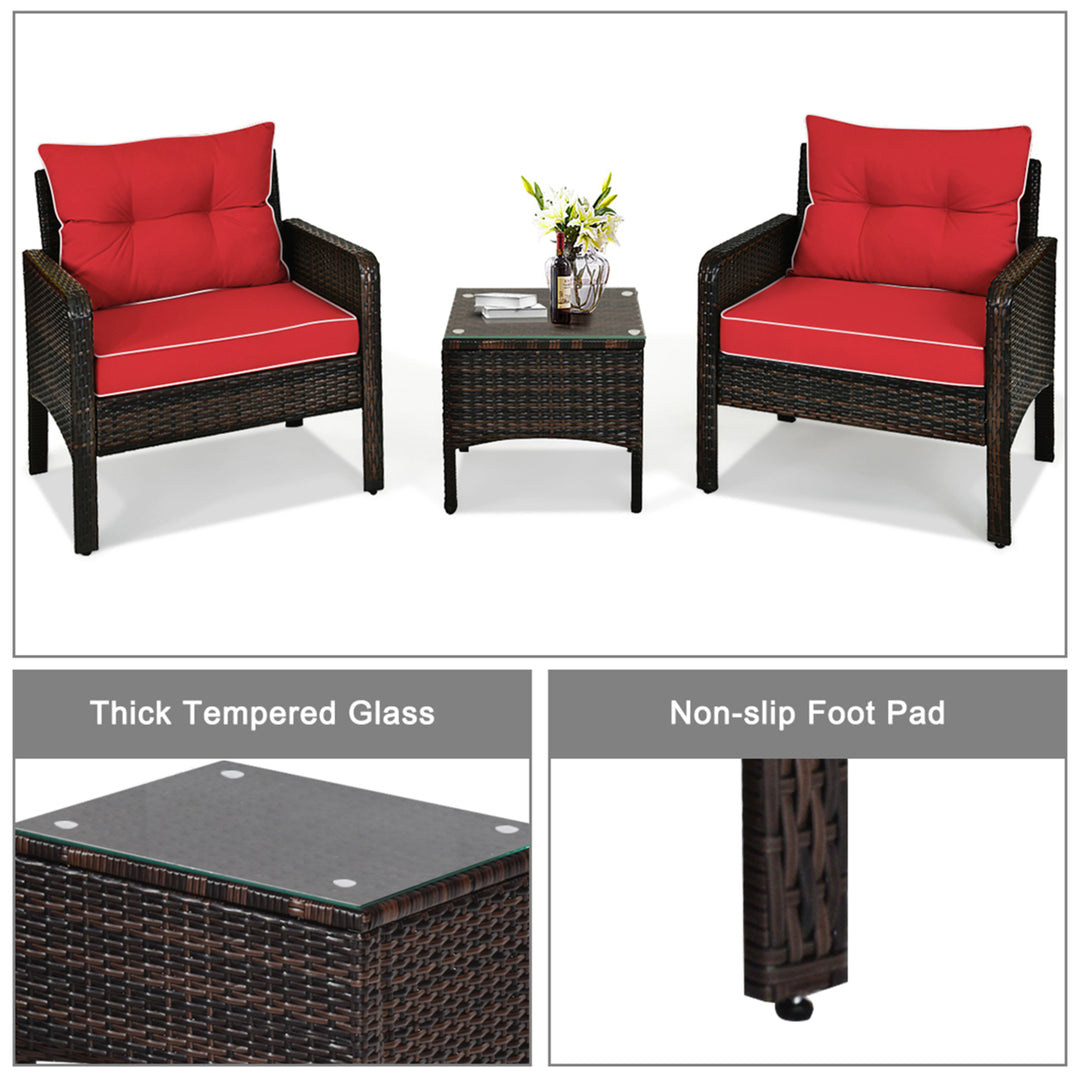 3PCS Patio Outdoor Rattan Furniture Set w/ Coffee Table Red Cushion Image 9